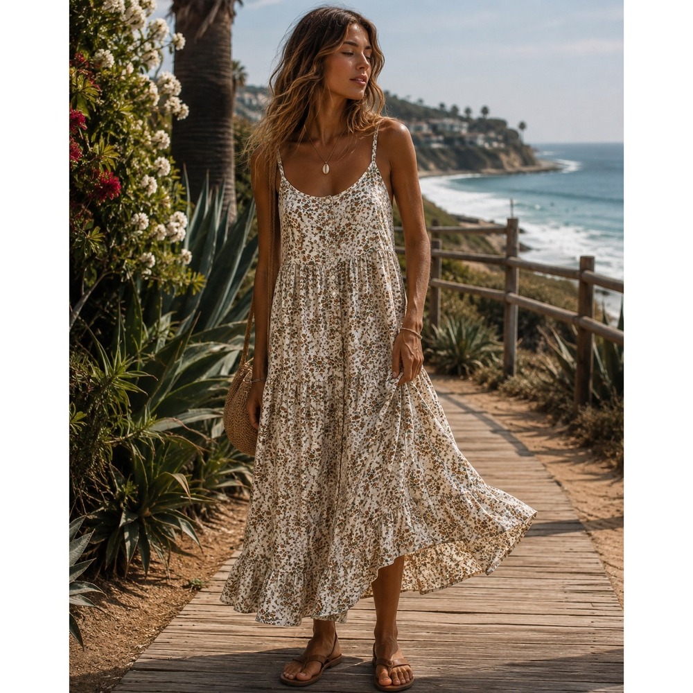 Storia Ditzy Floral Button Front Tiered Midi Dress Cream Brown Boho Ruffle L